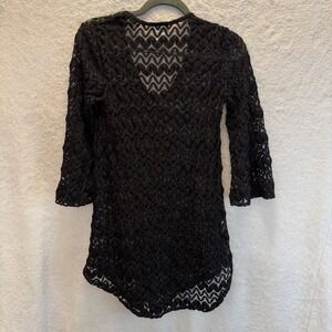 Jordan Taylor Black Crochet Lace Swim Cover Up Tunic V Neck Y2K Boho Resort S